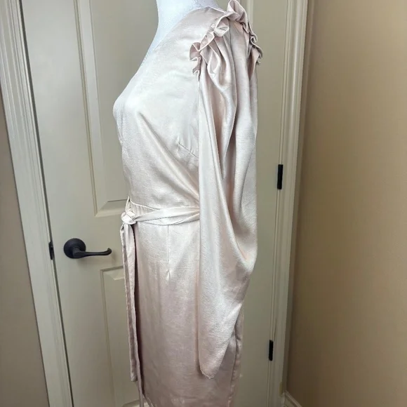 NWT Aakaa Champagne One Shoulder Lined Mini Dress w/ Ruffle Accent and Tie Belt - Picture 12 of 16